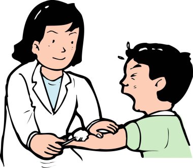 Hemşire ağlayan genç çocuğa iğne yapıyor.