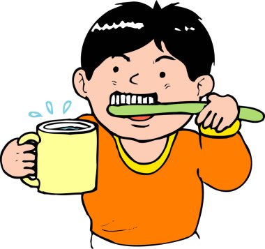 Sarı bardak tutan, dişlerini fırçalayan genç çocuk.