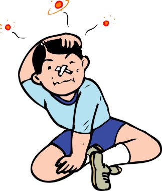 Başı dönen, sargılı burunlu ve yıldızlı bir çocuğun karikatür çizimi..