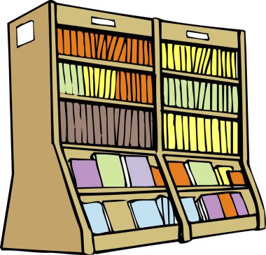 karikatür karalama kitaplığı kitaplarla dolu.