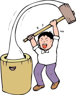 Büyük bir çekiçle mochi yapmak için pirinç döven bir erkeğin karikatür çizimi..