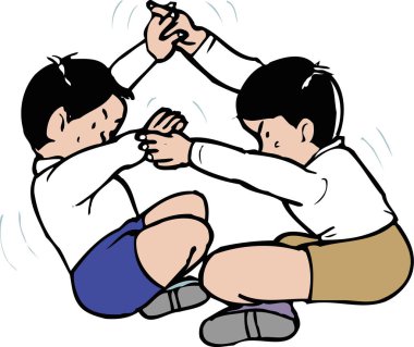 İki çocuğun el ele tutuşup kooperatif bir sallanma oyunu oynadığı karikatür çizimleri..