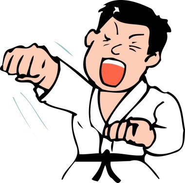 Asyalı adam karate yapıyor, beyaz arka planda karikatür çizimi.