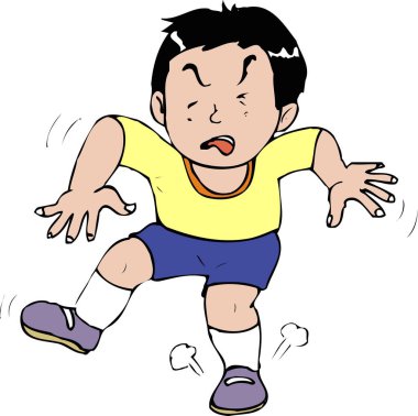 Genç çocuk sarı gömlek giyerken tökezliyor