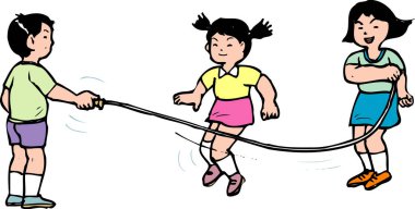 Çocuklar birlikte ip atlama oyunu oynuyorlar. Gülümsüyorlar.