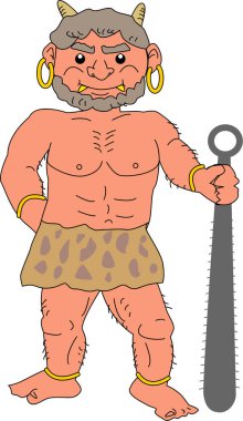 Bir oninin karikatür çizimi (bir Japon devi ya da şeytan), beyaz arkaplanda basit bir çizgi film çizimi   