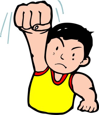 Çizgi filmci çocuk sarı gömlekli ileri doğru yumruk atıyor.