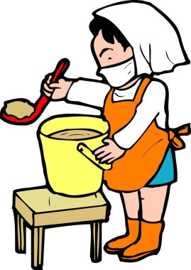 Sarı kovaya çorba koyan önlük takan kadın.