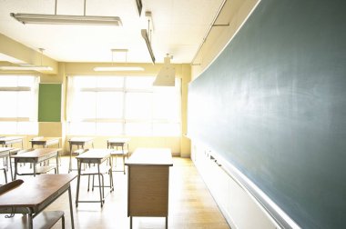 Masaları ve sandalyeleri olan boş sınıf 