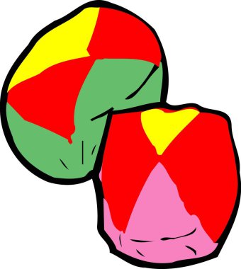 Çok panelli tasarımı olan iki renkli hacky sack 'in basit bir çizimi.
