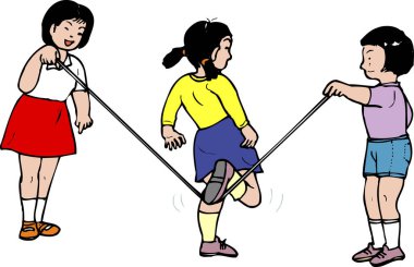 Dışarıda elastik ip atlama oyunu oynayan üç kız.