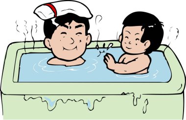 Baba ve oğlunun banyo yaptığı bir çizgi film çizimi