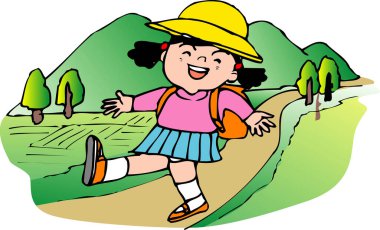 Kırsalda gezen tatlı bir kız, çizim. 