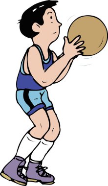 Basketbol oynayan çocuk, beyaz arka planda renkli karikatür çizimi  