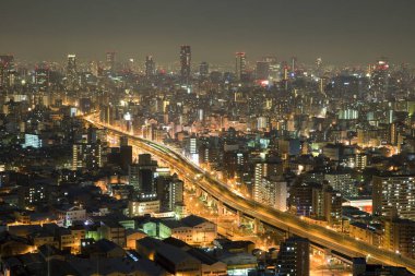 Geceleri Tokyo şehrinin hava manzarası. Japonca         