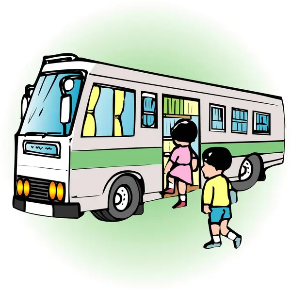 okul otobüsüne binen çocukların çizgi film çizimi 