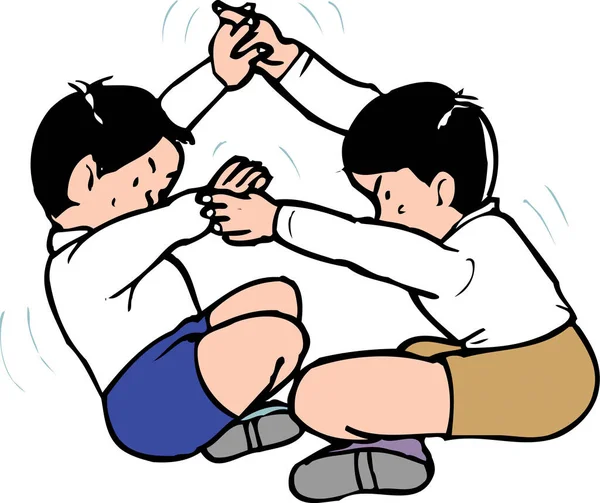 İki çocuğun el ele tutuşup kooperatif bir sallanma oyunu oynadığı karikatür çizimleri..