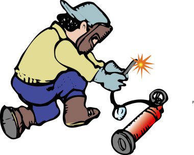 Metal kaynak yapan adam, beyaz arkaplanda renkli karikatür çizimi  