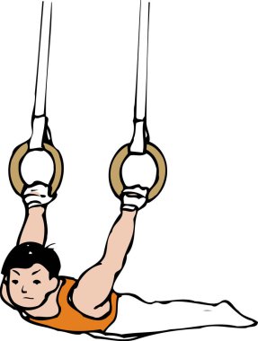 Spor salonunda yüzüklerle egzersiz yapan genç bir adam.