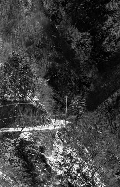 Kış dağlarında kıvrımlı yollar ve ormanlar olan güzel bir manzara. siyah ve beyaz