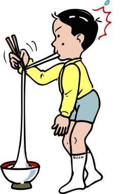 Yemek çubuklarıyla erişte yiyen çocuk şaşırmış görünüyor.