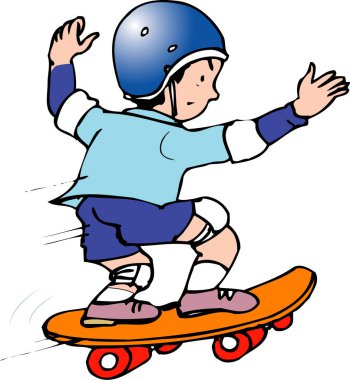 Beyaz arka planda kaykaya binen çocuk. 