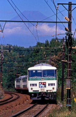 Japonya 'da demiryolu üzerinde hareket eden tren.