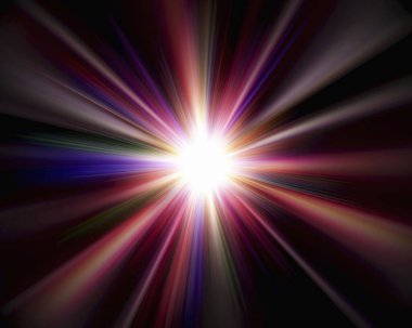 Parlak ışıklar ve arka plandaki ışık patlaması. Işık ya da ışık ışınlarının ve ışınların renkli arkaplanı. Bir yıldızın üzerinde parlayan arkaplan