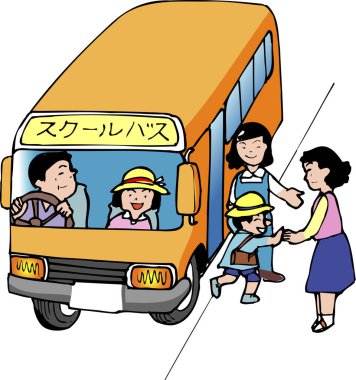 Çocuklarla okul otobüsünün karikatür çizimi 