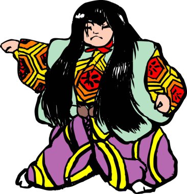 Geleneksel giyinmiş genç bir savaşçının Japon sanat stili çizimi ve sert bir poz..