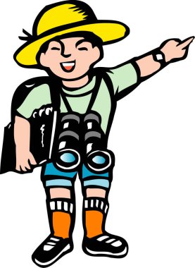 Sarı şapkalı, dürbünlü gülümseyen çocuk.