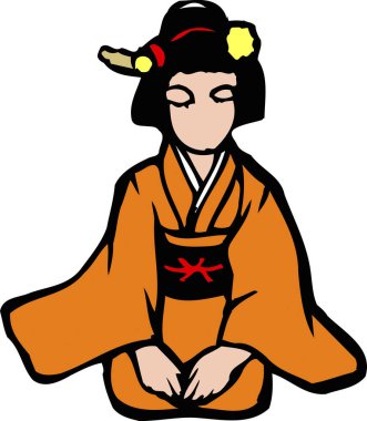 Beyaz arka planda, kimonolu çizgi film karakteri kadın. 