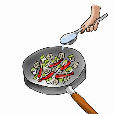 Tavada pişen sebzelere sıvı ekliyorum.