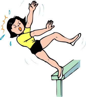 Çizgi film çizimi. Çapraz çubuktan düşen bir kız.