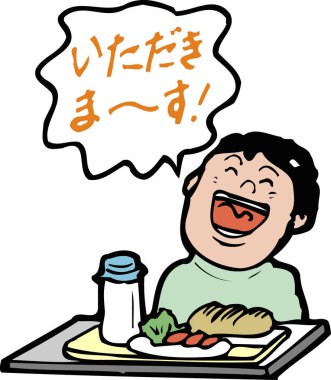 Gülen adam çizgi film karakteri öğle yemeği yiyor. 