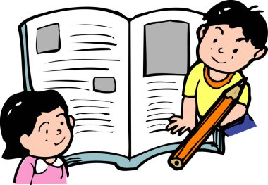 Gülümseyen çocuklar birlikte büyük kitaplar okuyorlar.