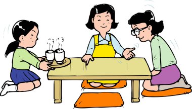 Alçak masada oturan üç kadın çay içiyor.