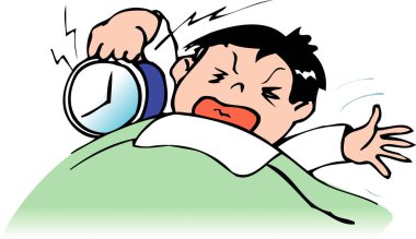  Çizgi filmdeki adamın sabah alarmlı saatle uyanma görüntüsü. 