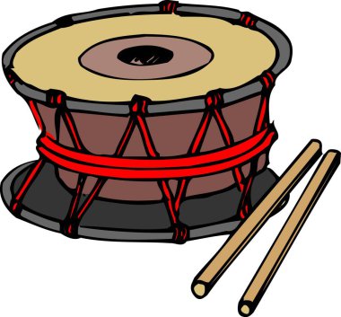 Kırmızı ipleri ve iki bageti olan geleneksel çift başlı davulun çizgi film çizimi.