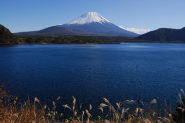 Japonya 'daki güzel ve ünlü Fuji dağının manzaralı görüntüsü.