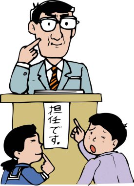 Öğretmen beyaz arkaplandaki bir öğrenciyi anlatıyor.  