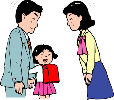 Gülümseyen kız eğilen yetişkinlerin arasında duruyor.