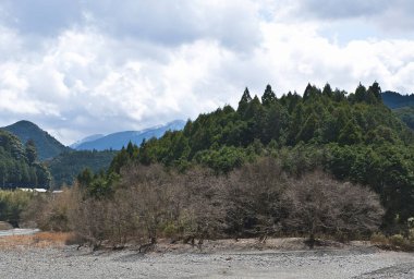 Bahar ormanlarıyla, manzaralı dağlarla ve gökyüzünde bulutlarla dolu güzel bir manzara.