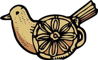 Vücudu yerine tekerleği olan biçimlendirilmiş açık kahverengi bir kuş, basit bir çizim..