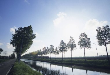 Kanalı ve yeşil ağaçları olan güzel bir manzara.     