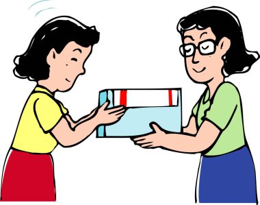 Gülümserken iki kadın dikdörtgen paketi değiş tokuş ediyor