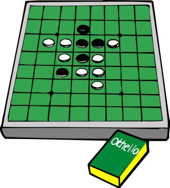 Yeşil kareli bir yüzey üzerinde siyah beyaz parçaları olan Othello tahtasının renkli bir çizimi..