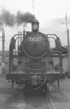 Tren raylar boyunca ilerliyor. siyah ve beyaz fotoğraf olay yerini yakalıyor.