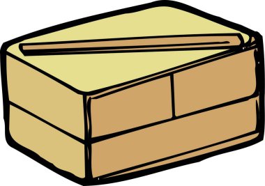 Basit, ahşap bir kutu. Açık renkli kapağı var. Basit bir resimde ince bir sopayla kapatılmış..