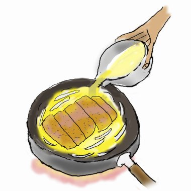 Kızarmış ekmek dilimlerinin üzerine çırpılmış yumurta dökülüyor.